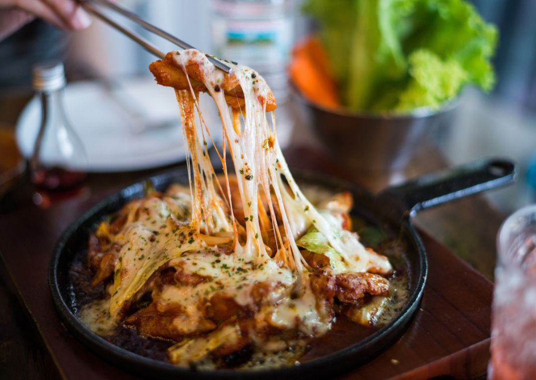 Dak galbi with cheese in the hot pan