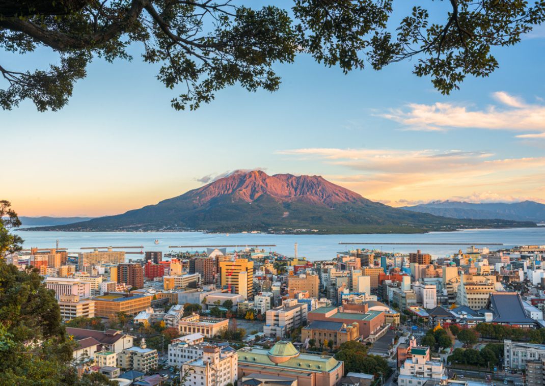 Sakurajima volcano with Kagoshima city in front