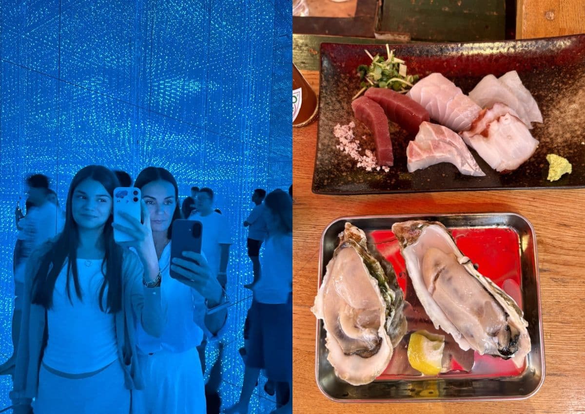Mother-daughter selfie in teamLab Tokyo, and fresh sushi and sashimi