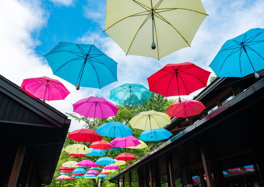 Colourful umbrellas above Harunire Terrace, Naka-Karuizawa