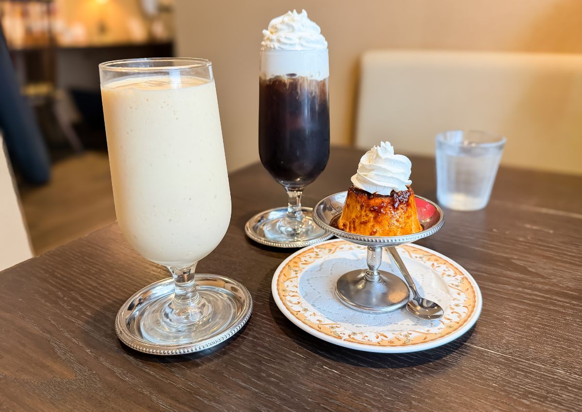 Menu items in Japanese kissaten with pudding and creamy coffee
