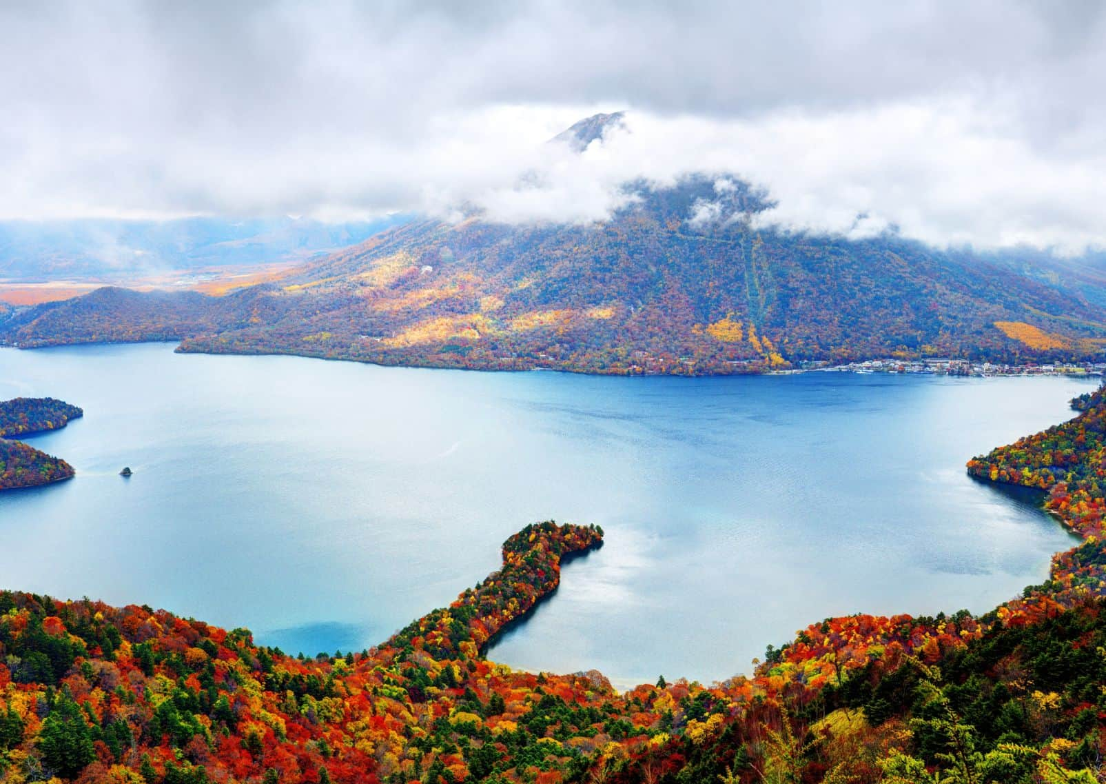 Landscape of Mt. Nantai and Lake Chuzenji in Nikko, Japan