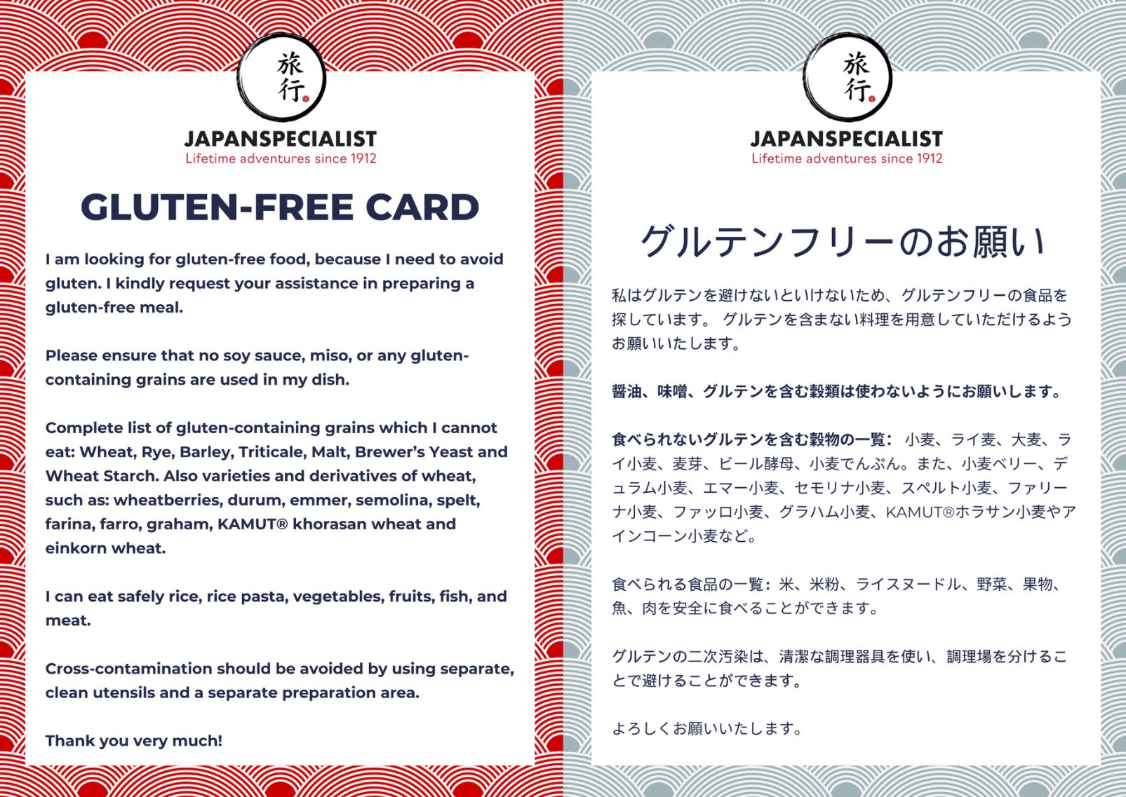 Downloadable card with translation of gluten-free request in Japanese