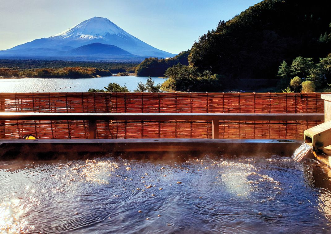 Japanese hot spring with Mt Fuji view, Japan.