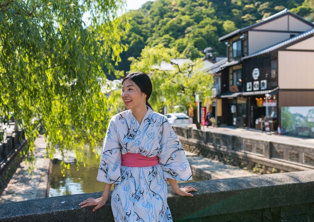Girl in hot spring town wearing Yukata
