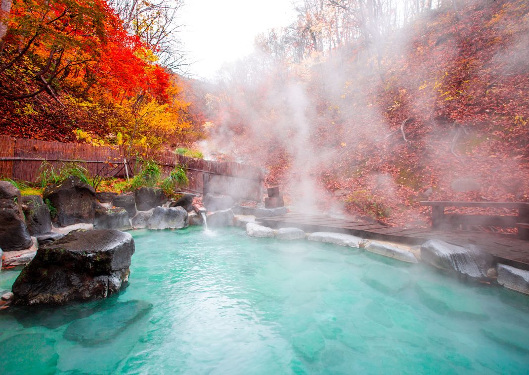 Outdoor bath in Japan, autumn