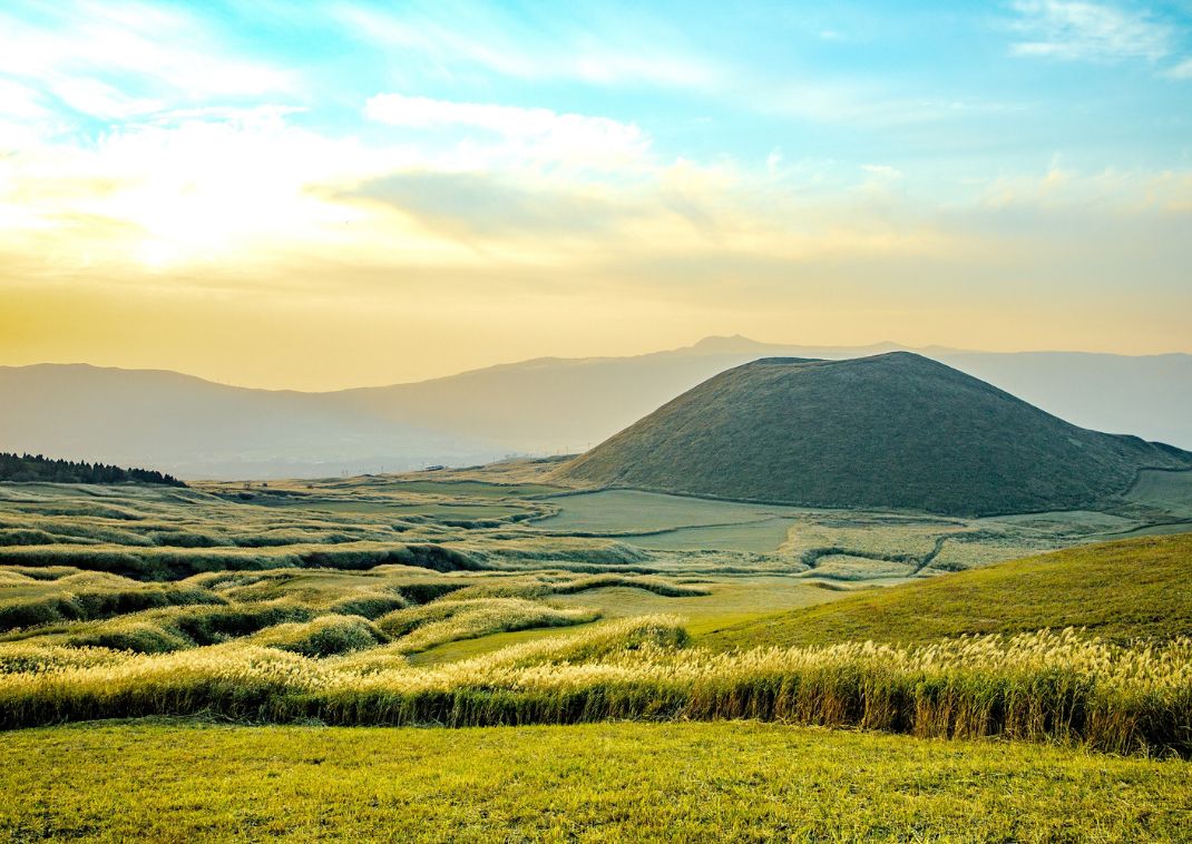 Scenery of green with Mt Aso, Japan