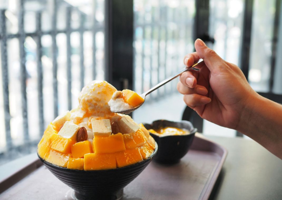 Giant mango kakigori shaved ice in Japan