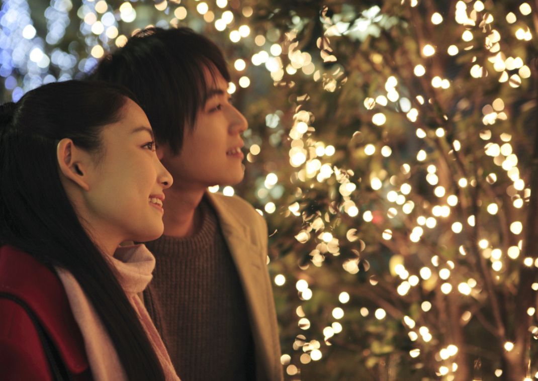 Japanese couple admiring illumination in winter