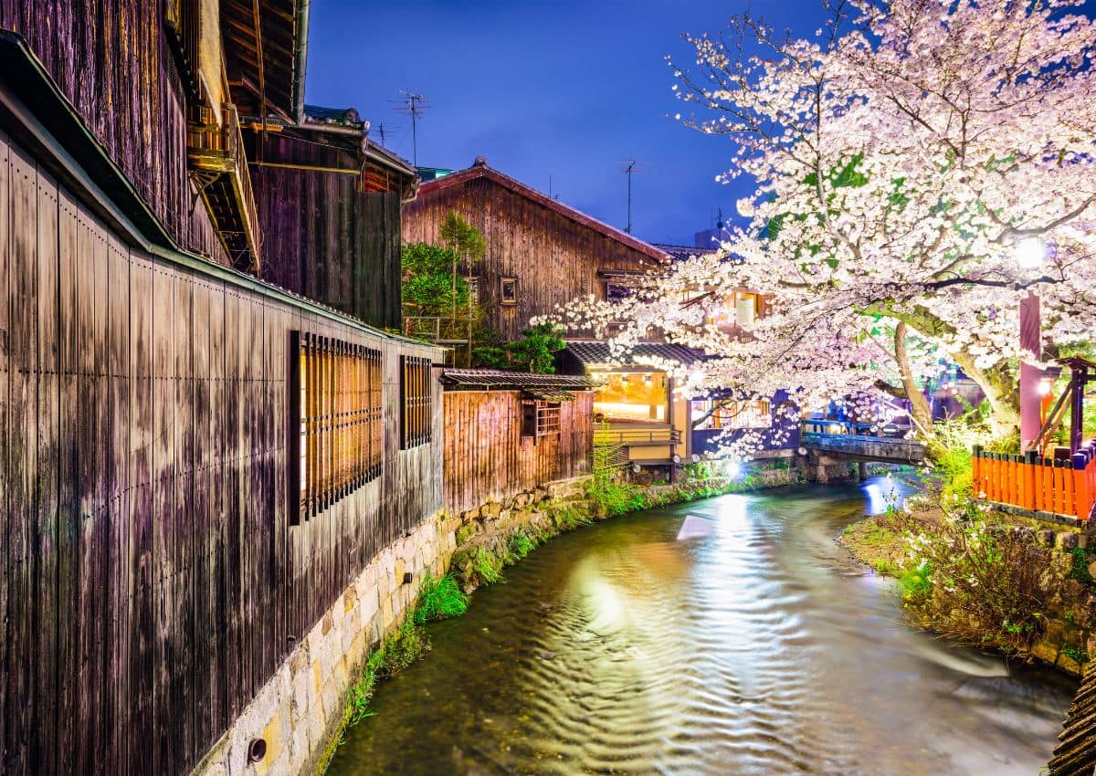 Kyoto, Japan at the Shirakawa River in the Gion District
