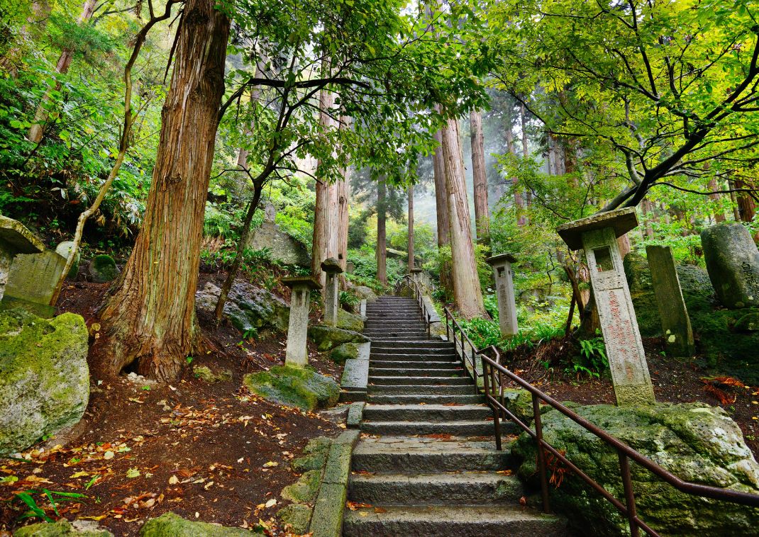 Hiking trail to the mountain temple Yamadera in Yamagata, Japan.