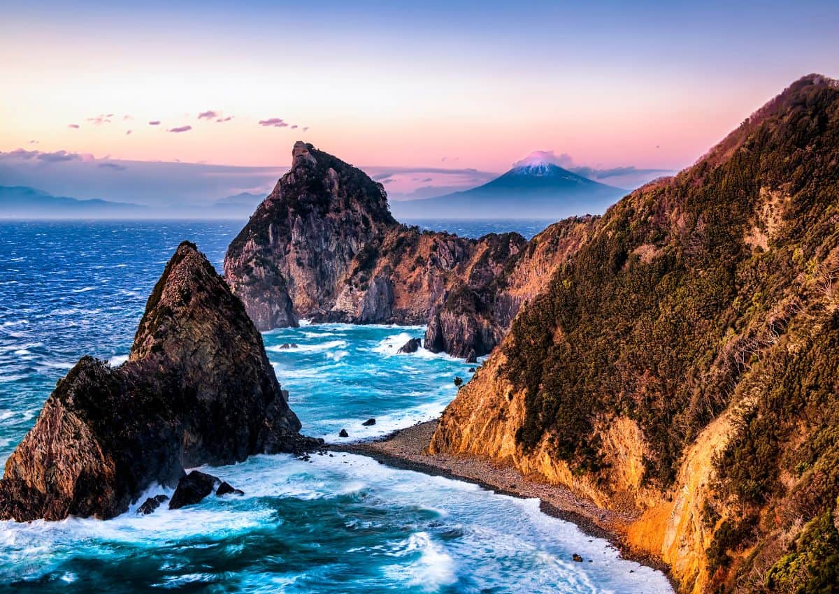Mt Fuji seen from Senganmon Rock, Izu Peninsula, Shizuoka, Japan