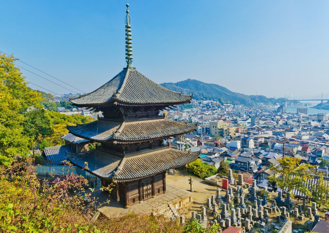 View of Onomichi City with Senkoji Temple on a sunny day