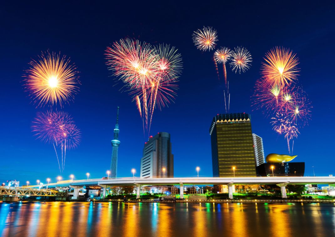 Summer festival in Tokyo, fireworks over the Sumida River