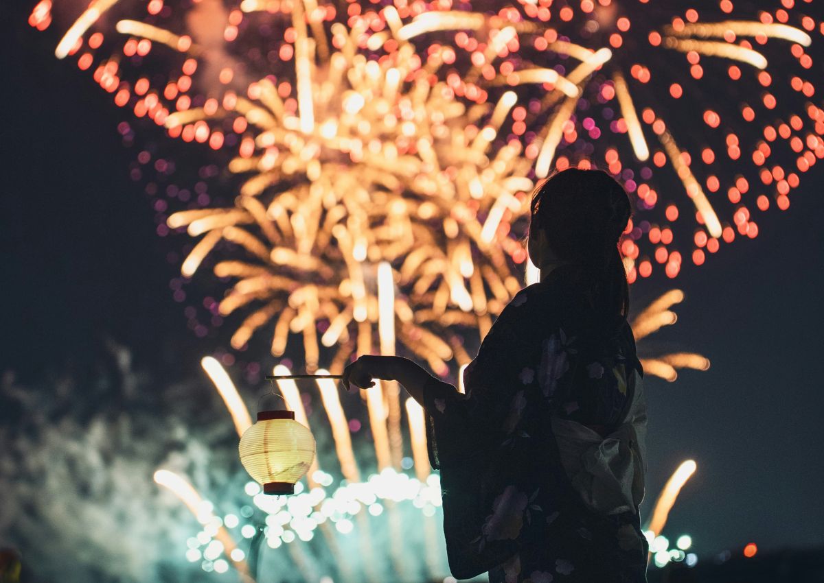 Woman in yukata at fireworks festival in Tokyo