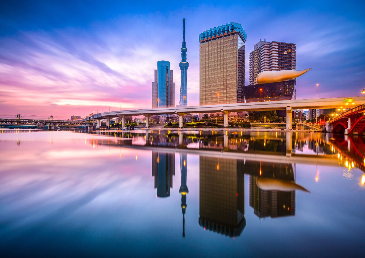 Tokyo Skytree tower from Sumida River with Asahi Building