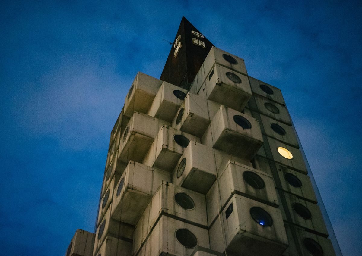Looking up at the former Nakagin Capsule Tower in Tokyo, 2016.