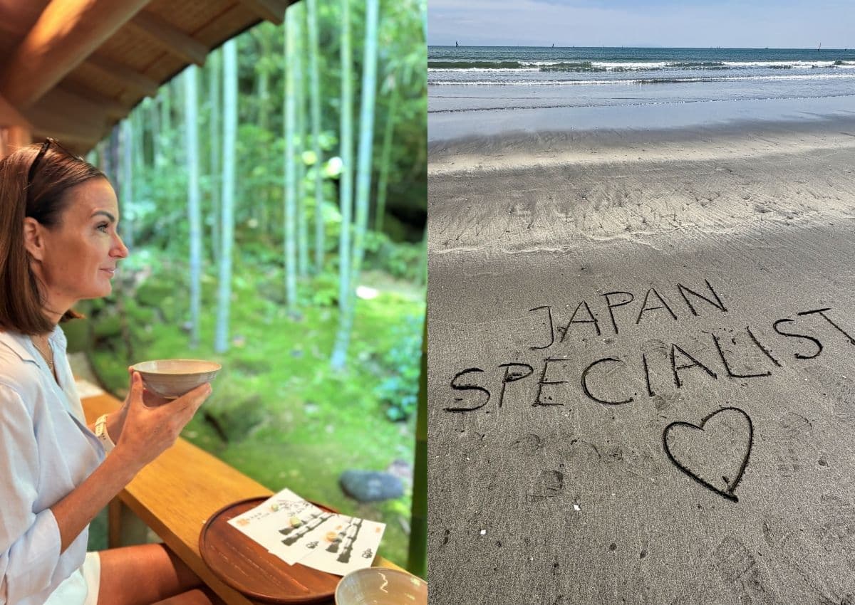 Mother enjoying green tea in Kamakura, and Kamakura Beach
