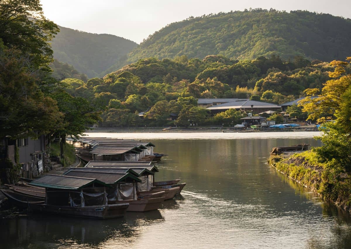View of Arashiyama from the western bank of Hozu River, Kyoto