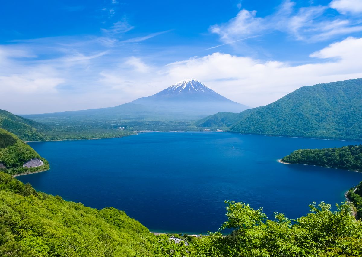 Lake Motosu at Mt Fuji with forest