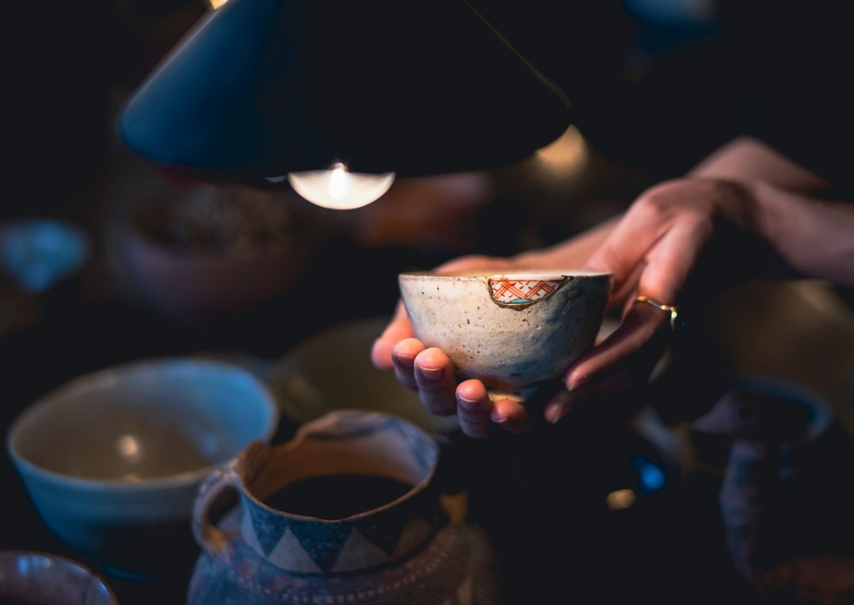 Japanese tea bowl repaired using kintsugi