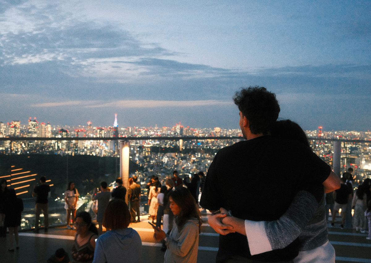 Couple hugging at Shibuya Sky, Tokyo