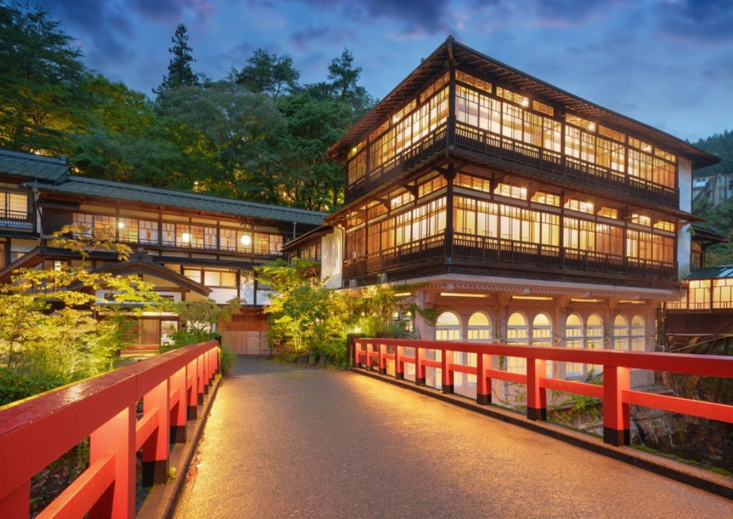 Traditional hot spring buildings at Shima onsen area in Gunma, Japan