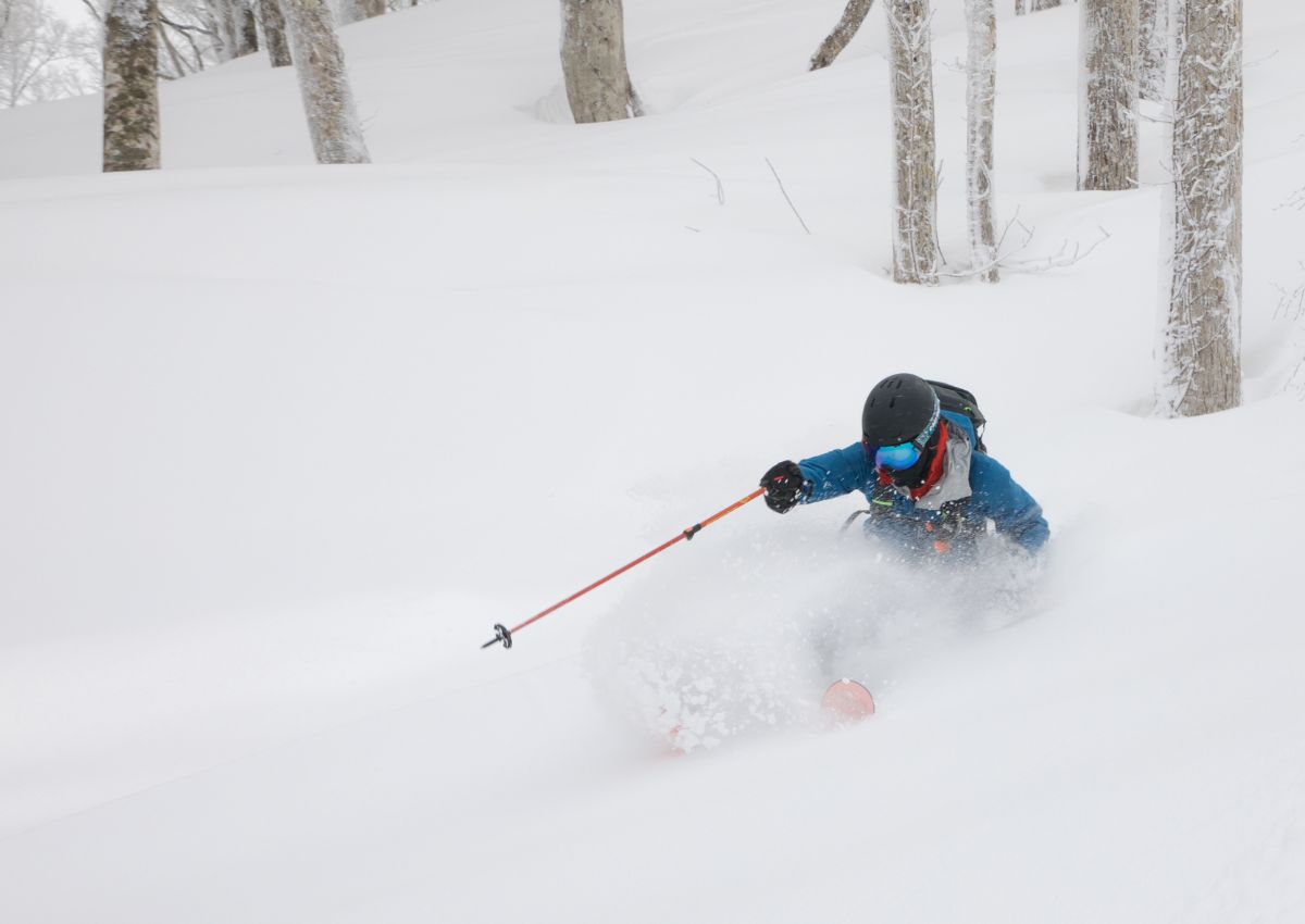 Skiing in powder snow in Hakuba ski resort, Japan
