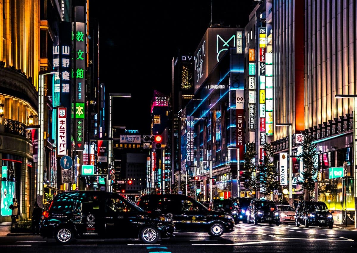 Evening view of Ginza district, Tokyo, Japan