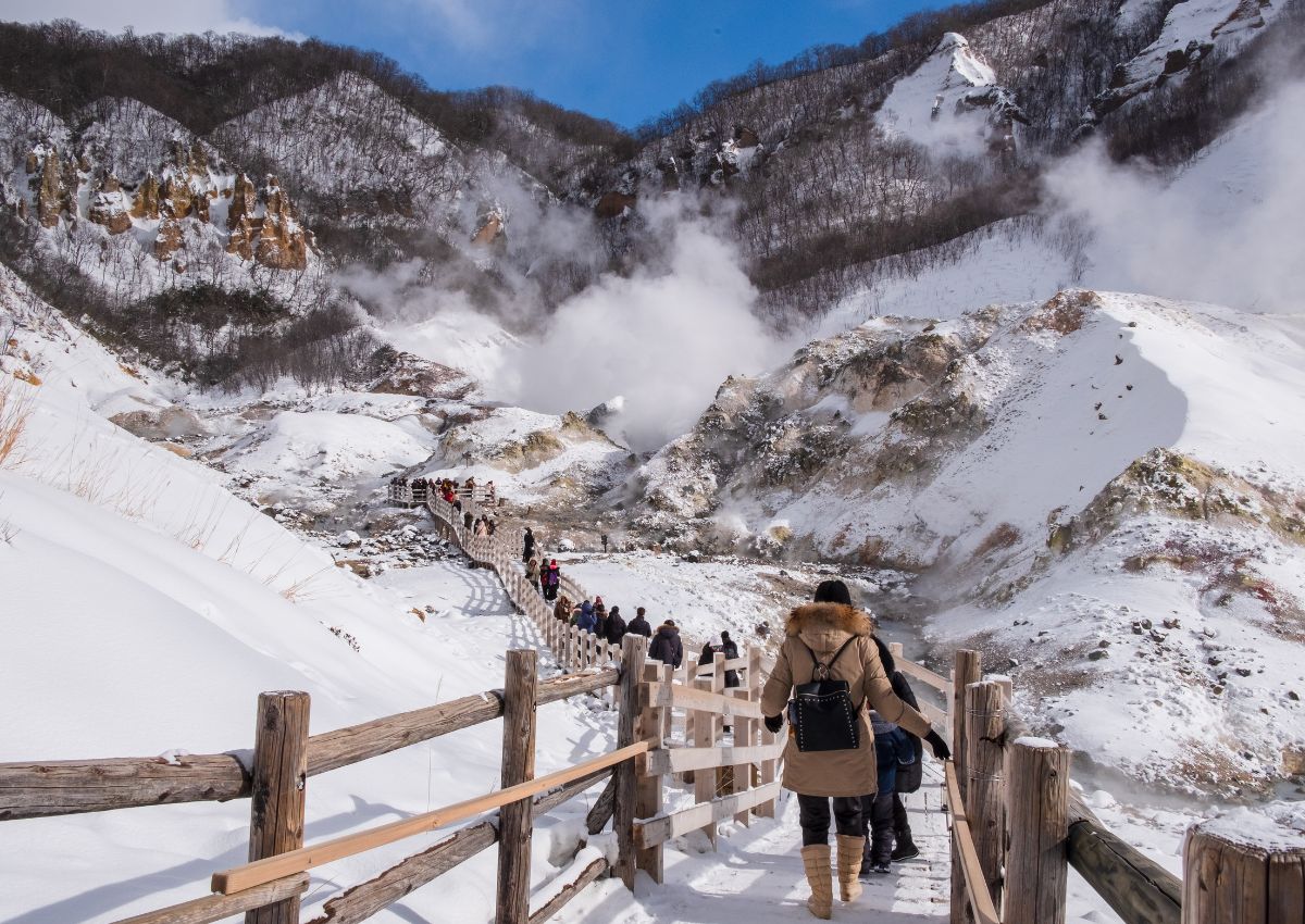 Tourists in Noboribetsu Onsen Hell Valley, Hokkaido, Japan