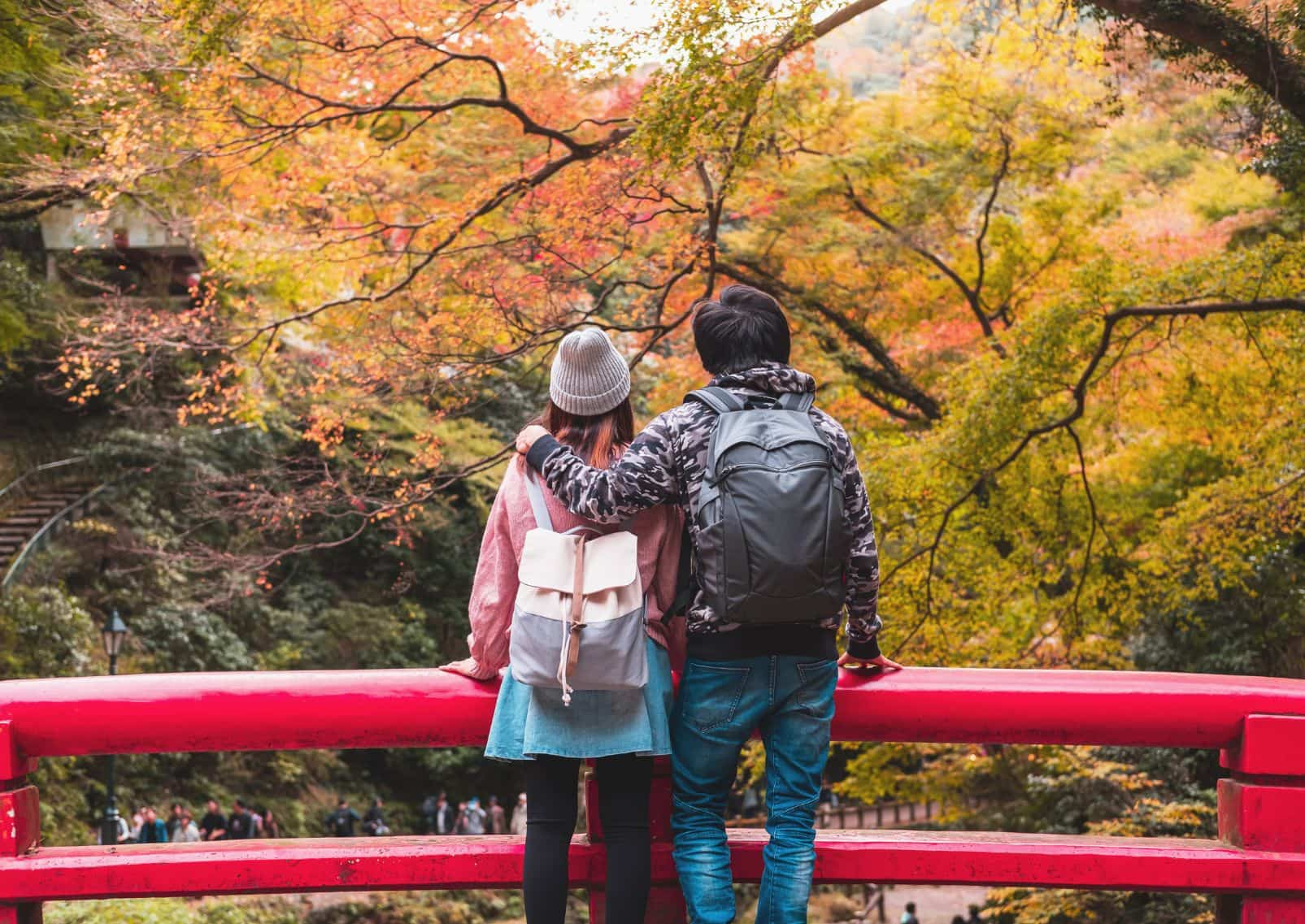 Young couple traveller looking beautiful landscape at Minoh Park in Japan