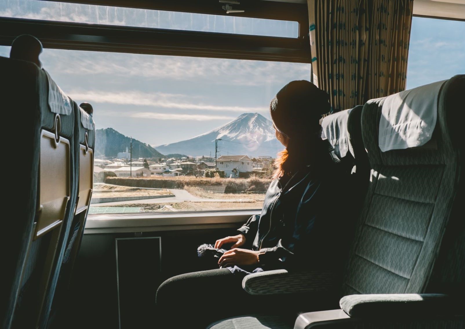 Tourist on shinkansen bullet train in Japan