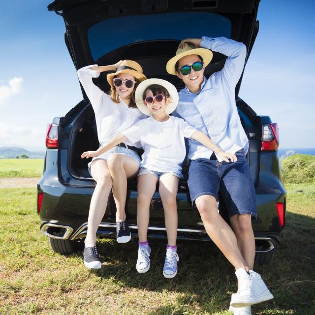 Family on vacation sitting in the boot of a car posing with hats and sunglasses