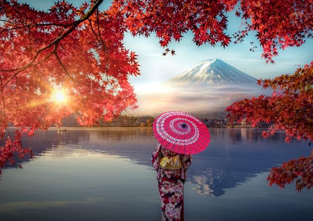Lady in traditional Japanese attire holding an umbrella looking across a lake to Mount Fuji