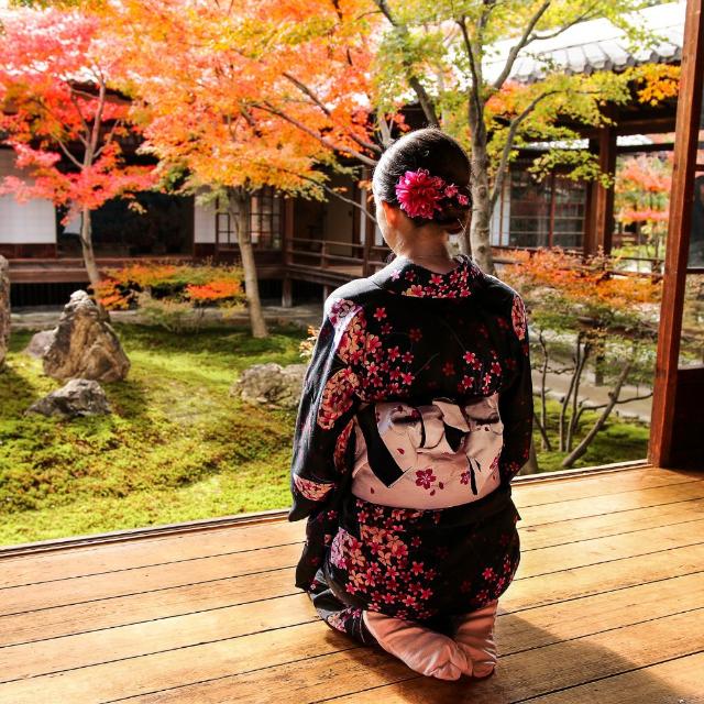 Lady in traditional Japanese clothing kneeling by a garden in autumn