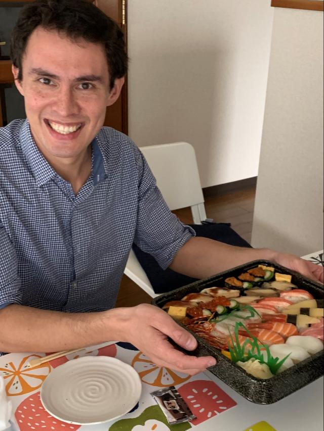 Enjoying sushi at my previous apartment near Seimei Shrine, Kyoto