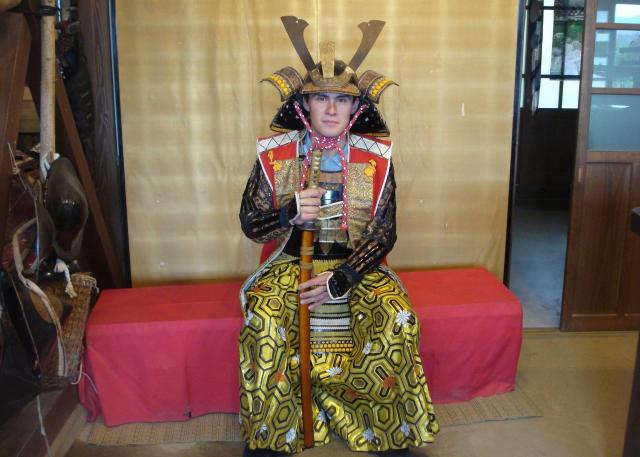 Dressed as a samurai at Saiko Iyashi-no-Sato Nenba – a traditional village by Lake Saiko