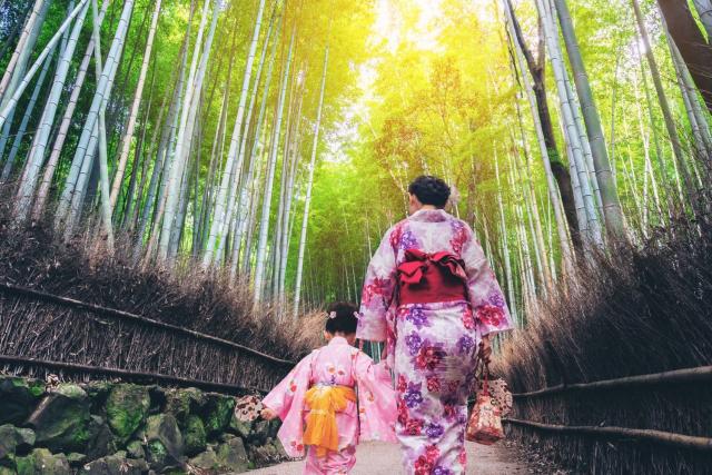 Mother and daughter exploring Arashiyama Bamboo Grove