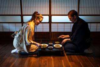 Having a traditional meal at a ryokan