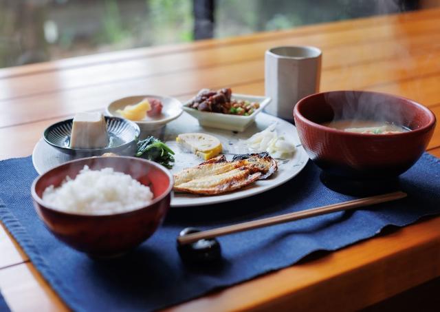 Japanese breakfast with rice and miso soup