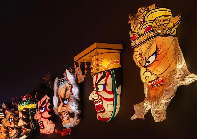 Nebuta floats lit-up at night, Aomori, Japan
