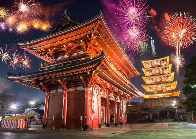 Colorful firework over sensoji temple, Asakusa