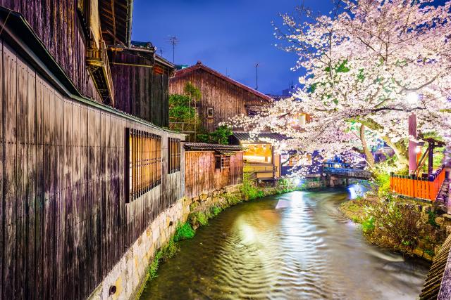 Shirakawa River at night in Gion