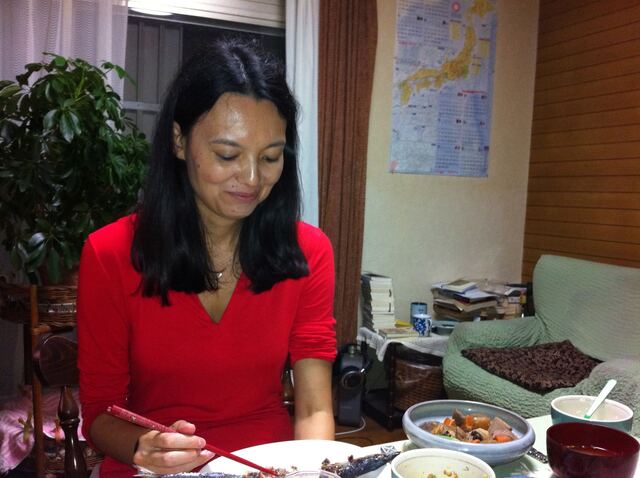 Dinner at my relatives : sanma (mackerel pike) rice and vegetables 