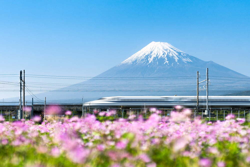 Shinkansen train travelling past Mt. Fuji
