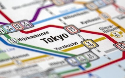 Map of the Tokyo subway system showing train lines and stations