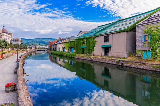 Otaru Canal lined with colourful warehouses 