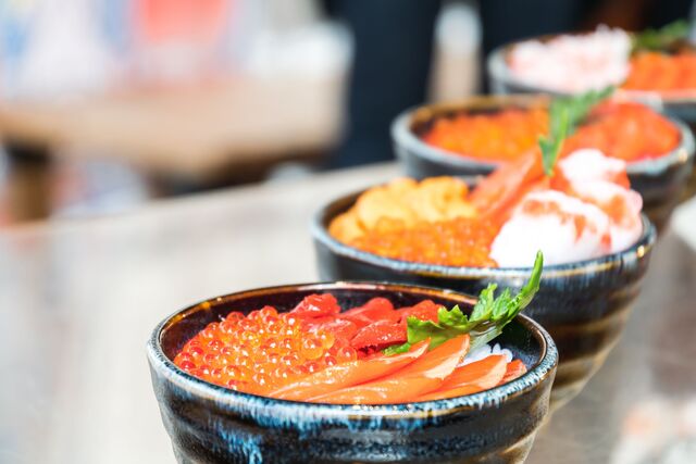 Fresh seafood bowls at Sapporo’s Nijo Market 