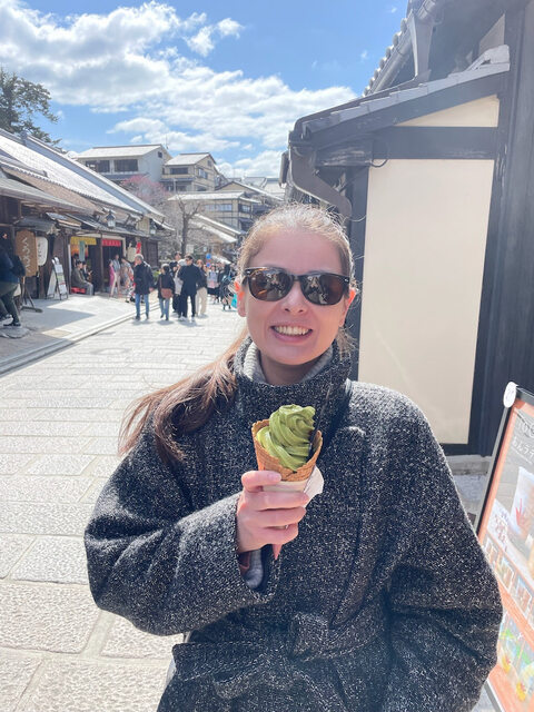 Enjoying a matcha soft cream on the way to Kiyomizu-dera Temple, Kyoto