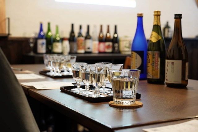 Sake tasting cups and bottles 
